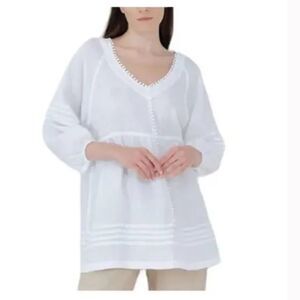 Haris Cotton Curve 100% Linen White 3/4 Peasant Langanlook Tunic Size Small